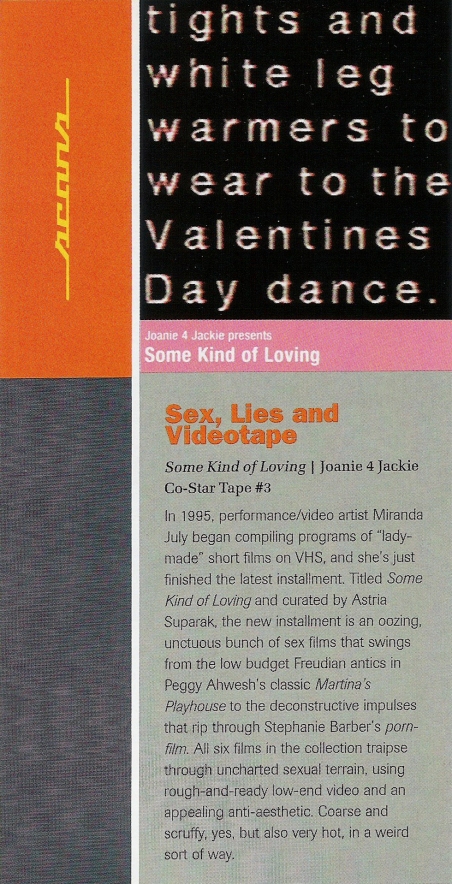 "Sex, Lies and Videotape," review of Some Kind of Loving by Holly Willis. RES Magazine, 2000.