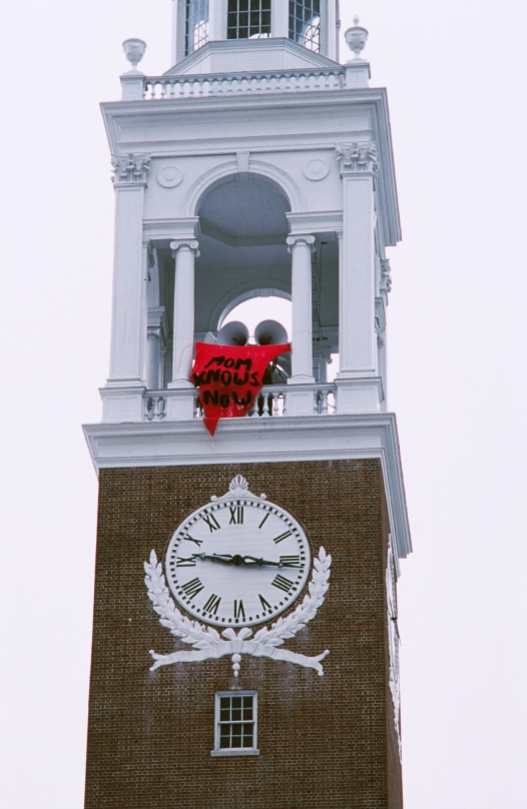 Mom Knows Now (guerilla banner drop on the steeple of the Ira Allen Chapel, University of Vermont, Burlington, VT), L.J. Roberts, hand-knit yarn. 15' x 10' x 10,' 2003